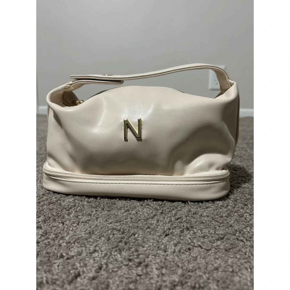 N Initial Cream synthetic Leather Cosmetic  Bag Gold Tone Hardware Makeup Case